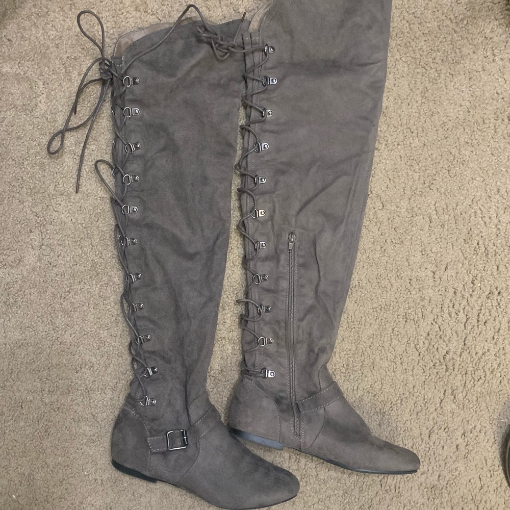 Thigh High Gray Lace Up Boots